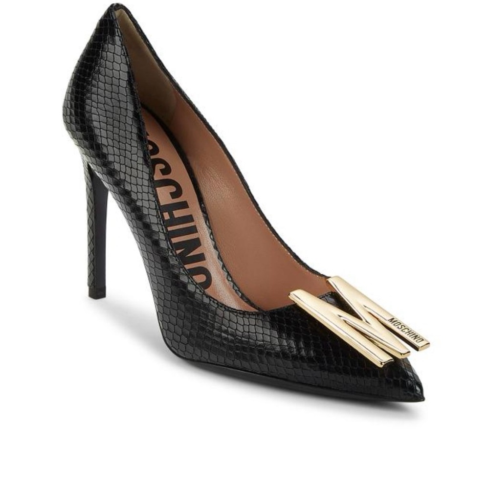 Moschino Black Snakeskin-Texture Leather Stiletto with Gold M-Plated Accent
